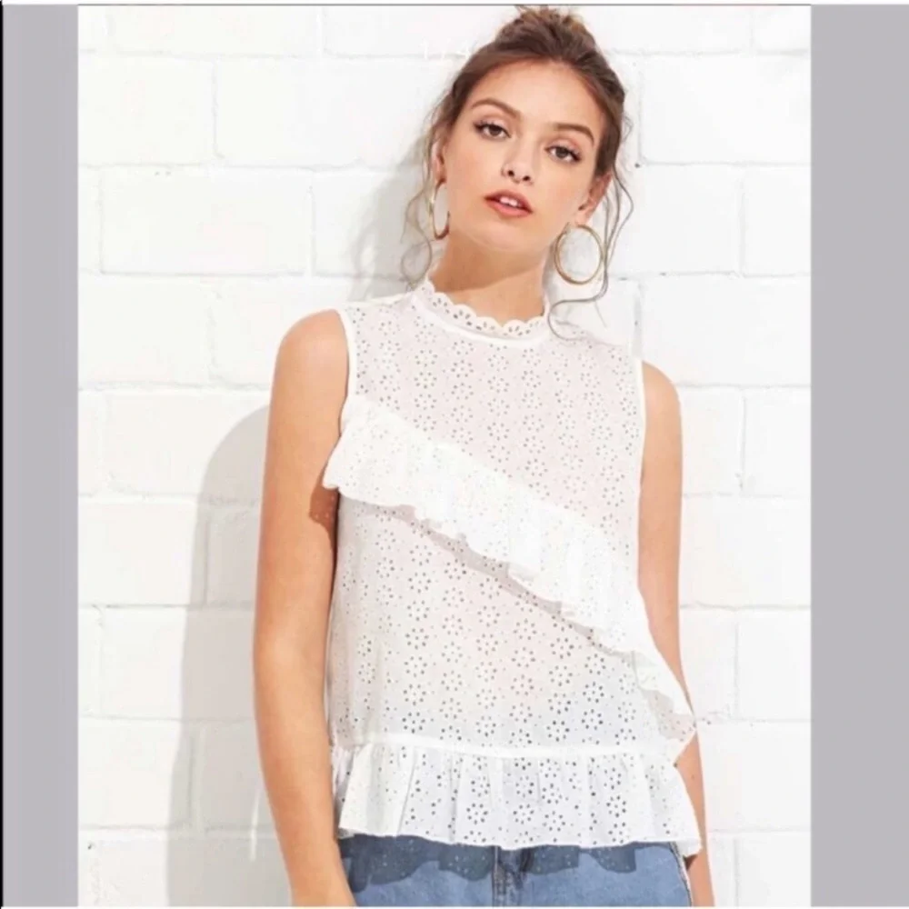 Zara opened eyelet ruffled blouse sleeveless white Size S - Picture 11 of 13